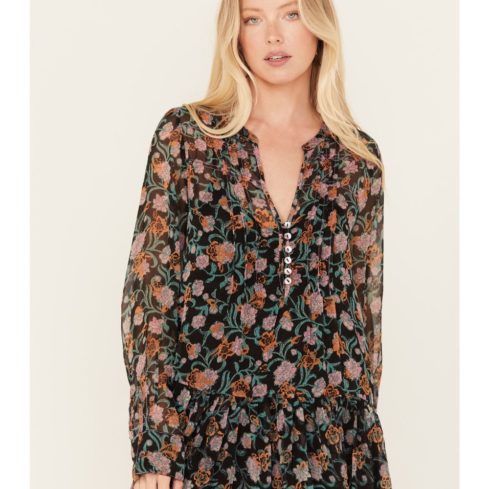 NWT Free People See It Through Floral Chiffon Maxi Dress Long Sleeve Sz XS - Picture 3 of 12